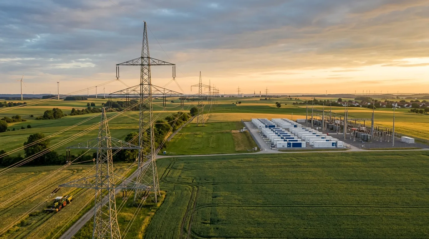 High-voltage transmission pylons and a grid battery storage site in Germany, the grid infrastructure behind aFRR frequency restoration