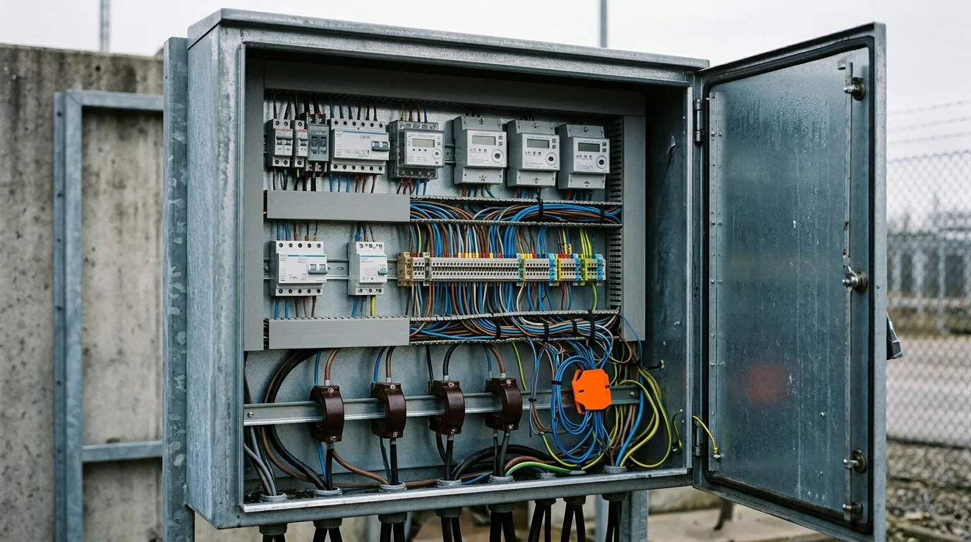 Metering and control cabinet at a grid connection point, where settlement metering and telemetry for frequency response are wired