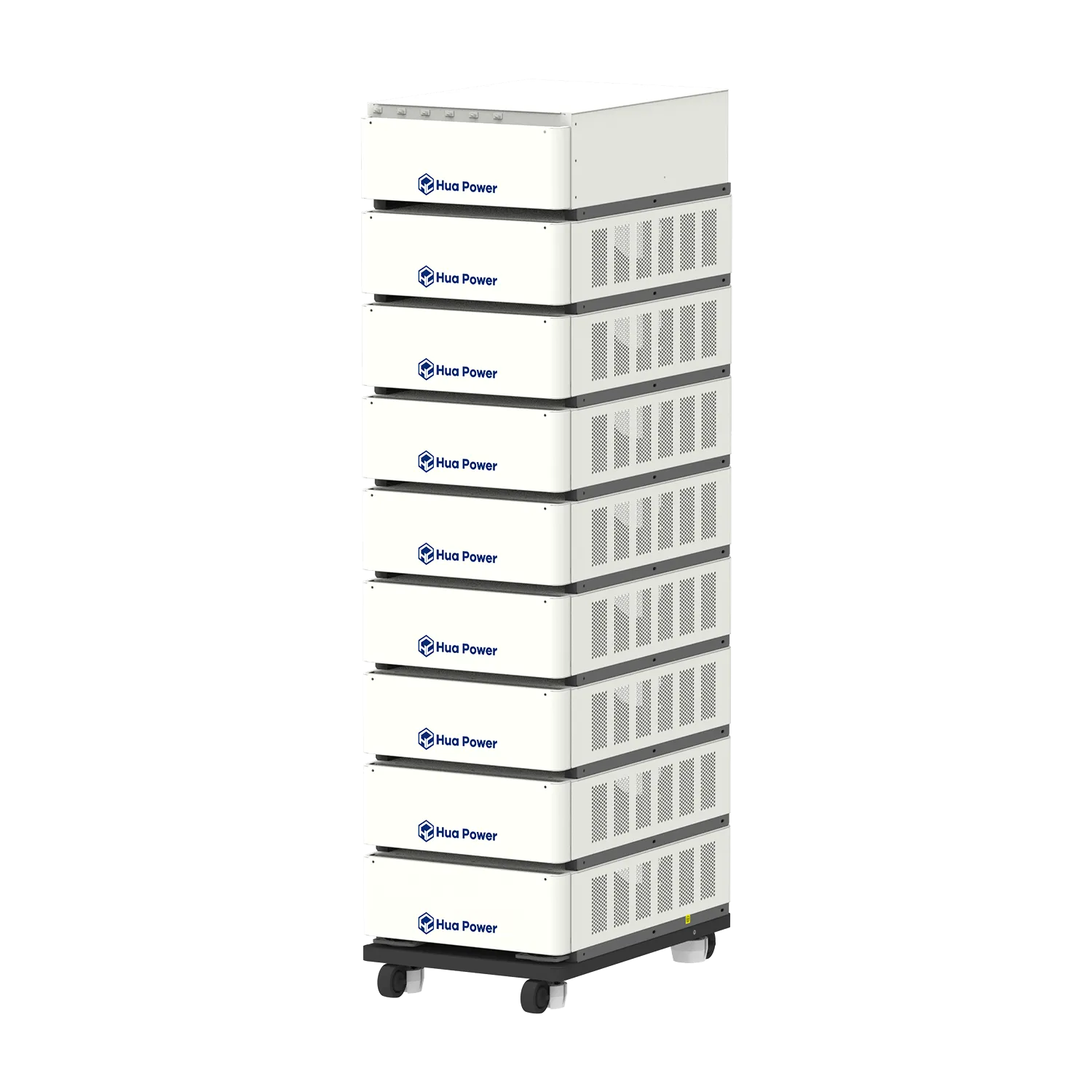 iHuapower HCH-series modular high voltage battery tower — stacked LiFePO4 packs in a slim floor-standing indoor enclosure