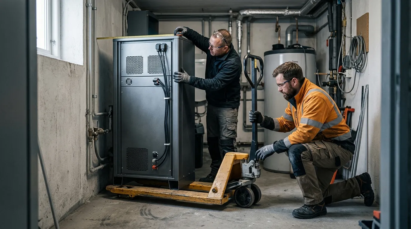 Two installers positioning a tall high-voltage battery cabinet in a home utility room, checking clearance to the wall and floor
