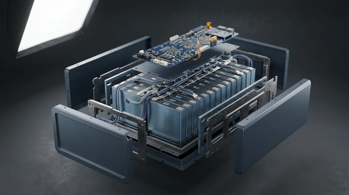 Exploded view of the internal cell assembly inside a high-voltage home battery module, showing rows of prismatic cells