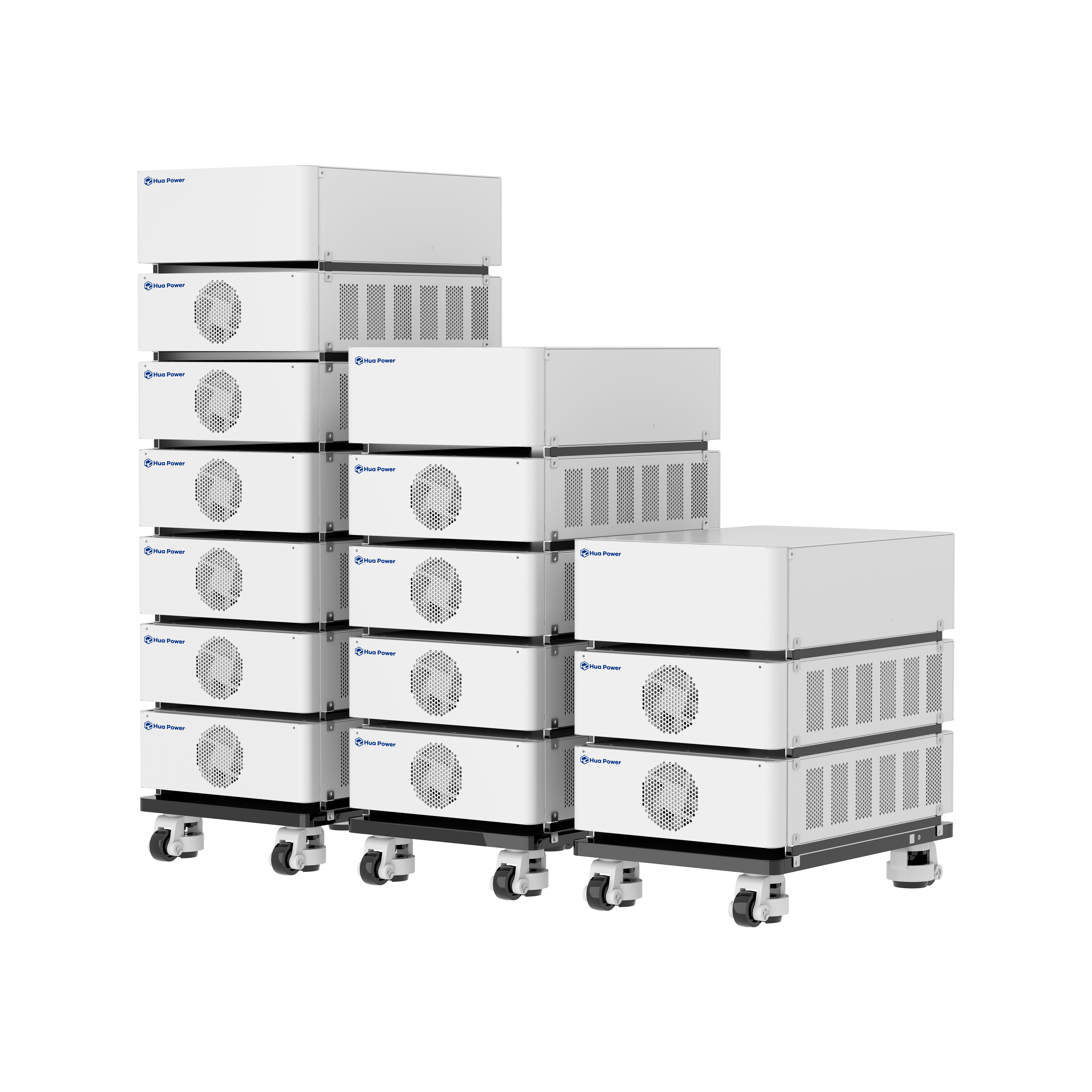 Four high-voltage battery modules stacked on a wall rack in a home utility room, each module a slim drawer in a single column