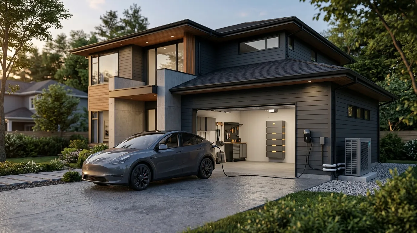 A home cutaway with a heat pump, an EV charger and household circuits drawing from a wall-mounted battery stack