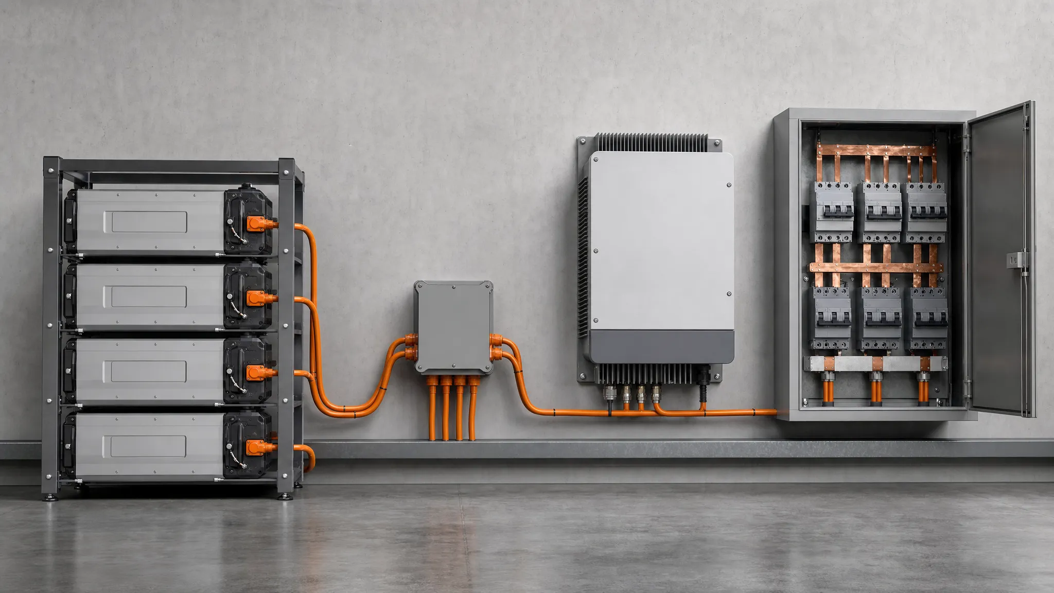 Battery stack, BMS control box, hybrid inverter and AC distribution cabinet connected by orange cables