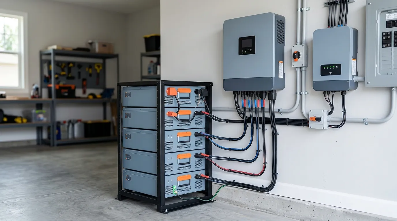 High-voltage battery modules wired to a wall-mounted hybrid inverter and solar inverter in a home energy installation