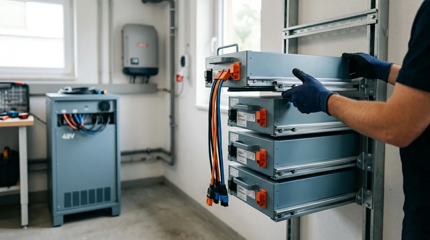 Technician sliding a new battery module onto an existing stack of high-voltage home battery modules on a wall rack