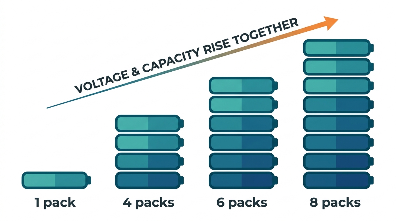 Diagram: one 51.2 V / 5.12 kWh LiFePO4 pack, then 4, 6, and 8 packs stacked in series producing 20, 31, and 41 kWh at rising voltage