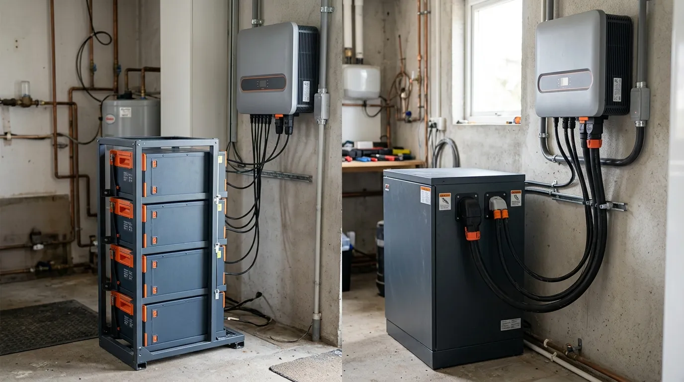 High-voltage and low-voltage home batteries side by side, showing the visibly thinner DC cabling of the high-voltage architecture