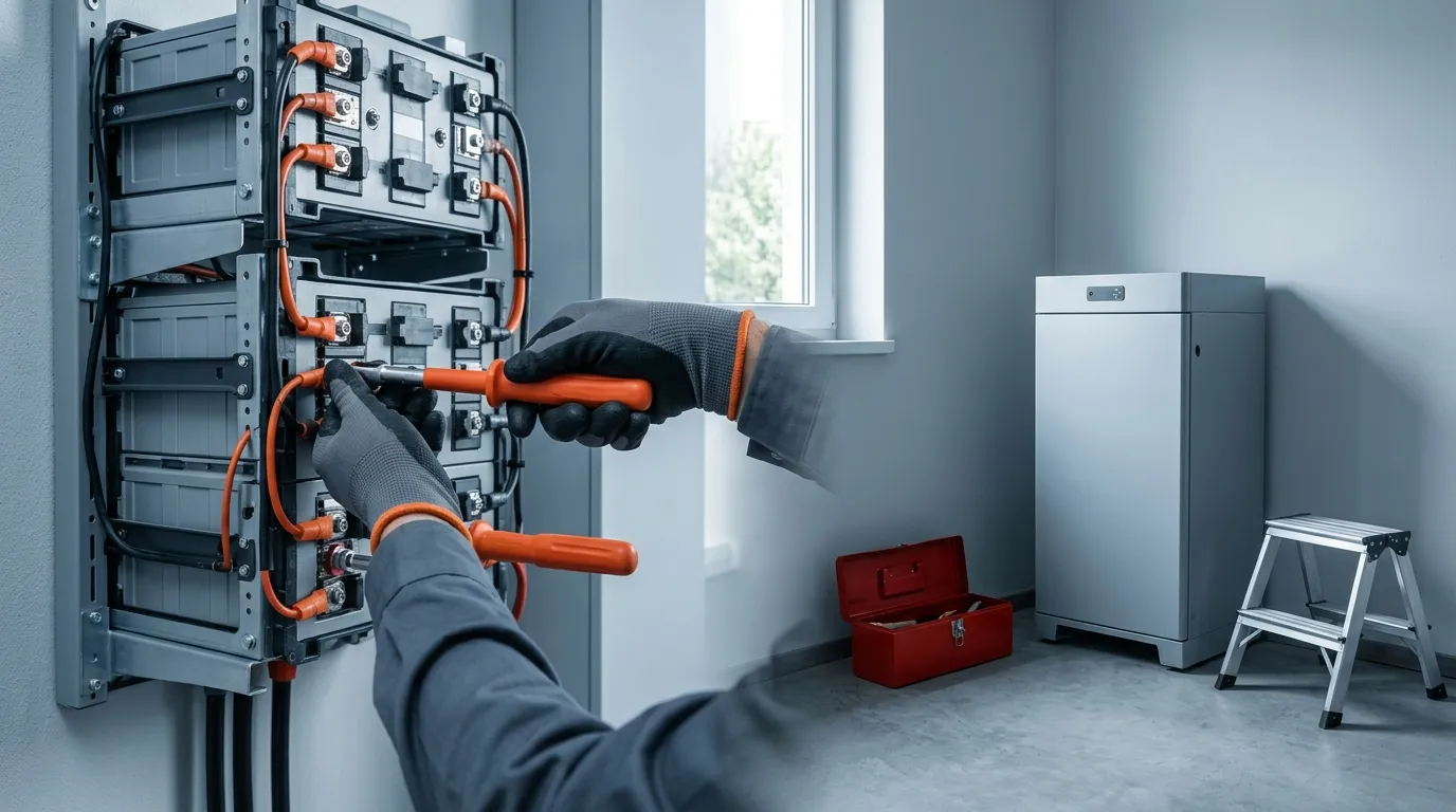 Certified electrician installing a wall-mounted high-voltage battery stack while a low-voltage 48 V battery cabinet stays accessible on the floor