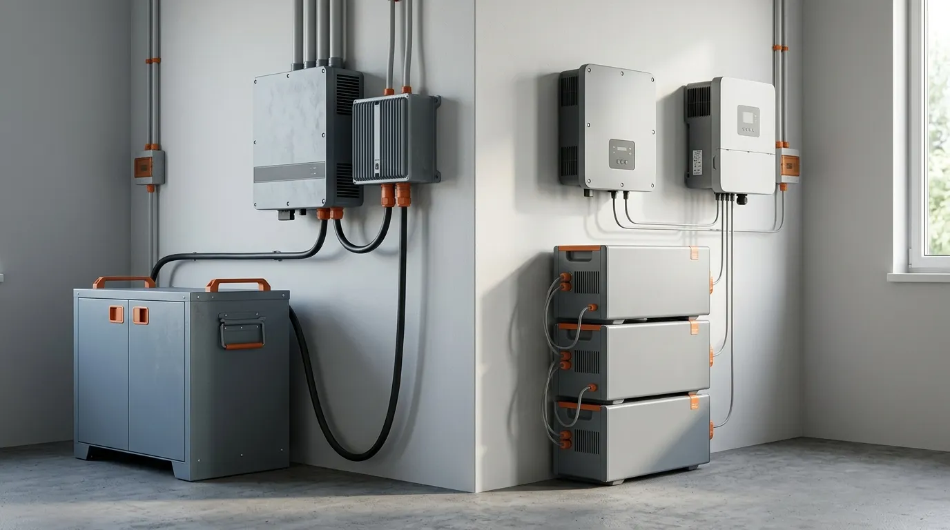 Side-by-side wiring of a low-voltage 48 V battery cabinet with thick DC cables and a high-voltage battery stack with thin series links into the inverter