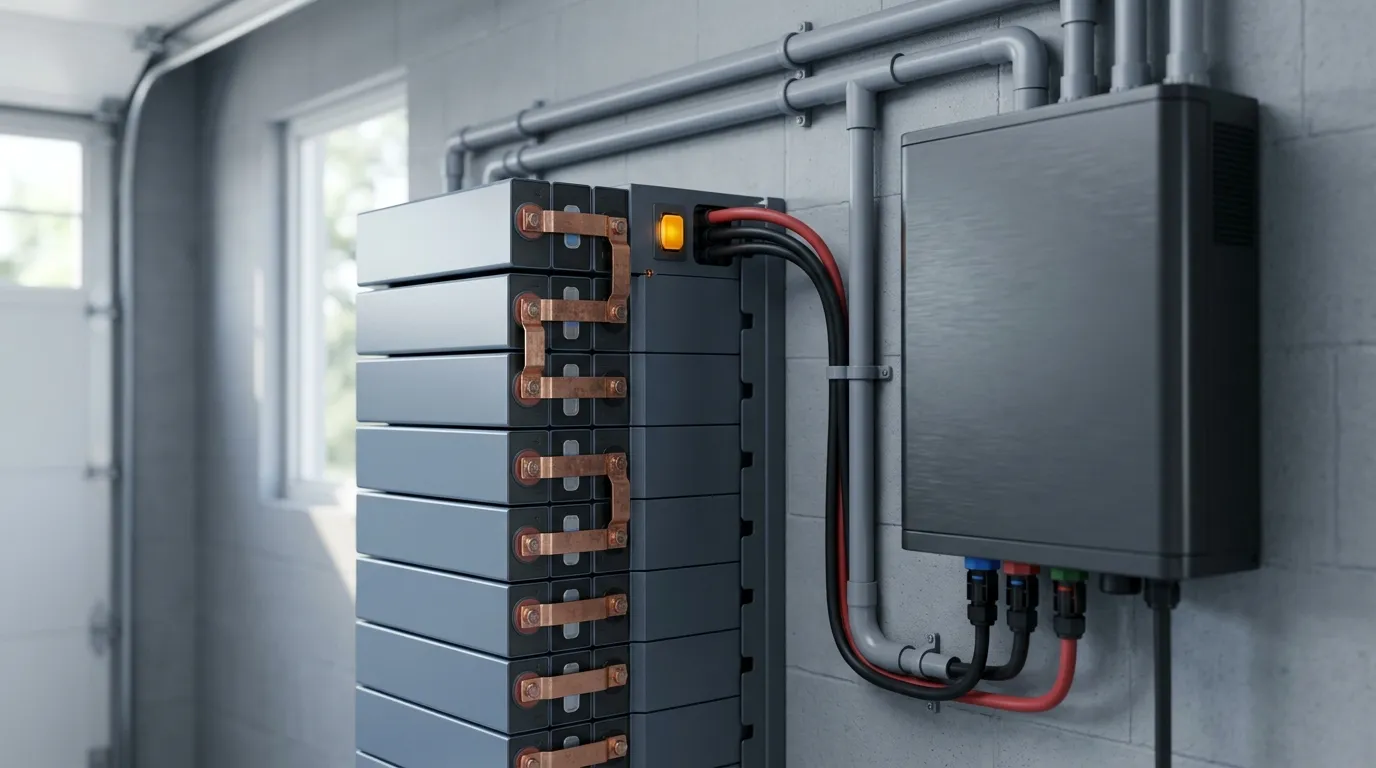 A high-voltage battery stack connected by thin series links to a wall-mounted hybrid inverter in a home garage