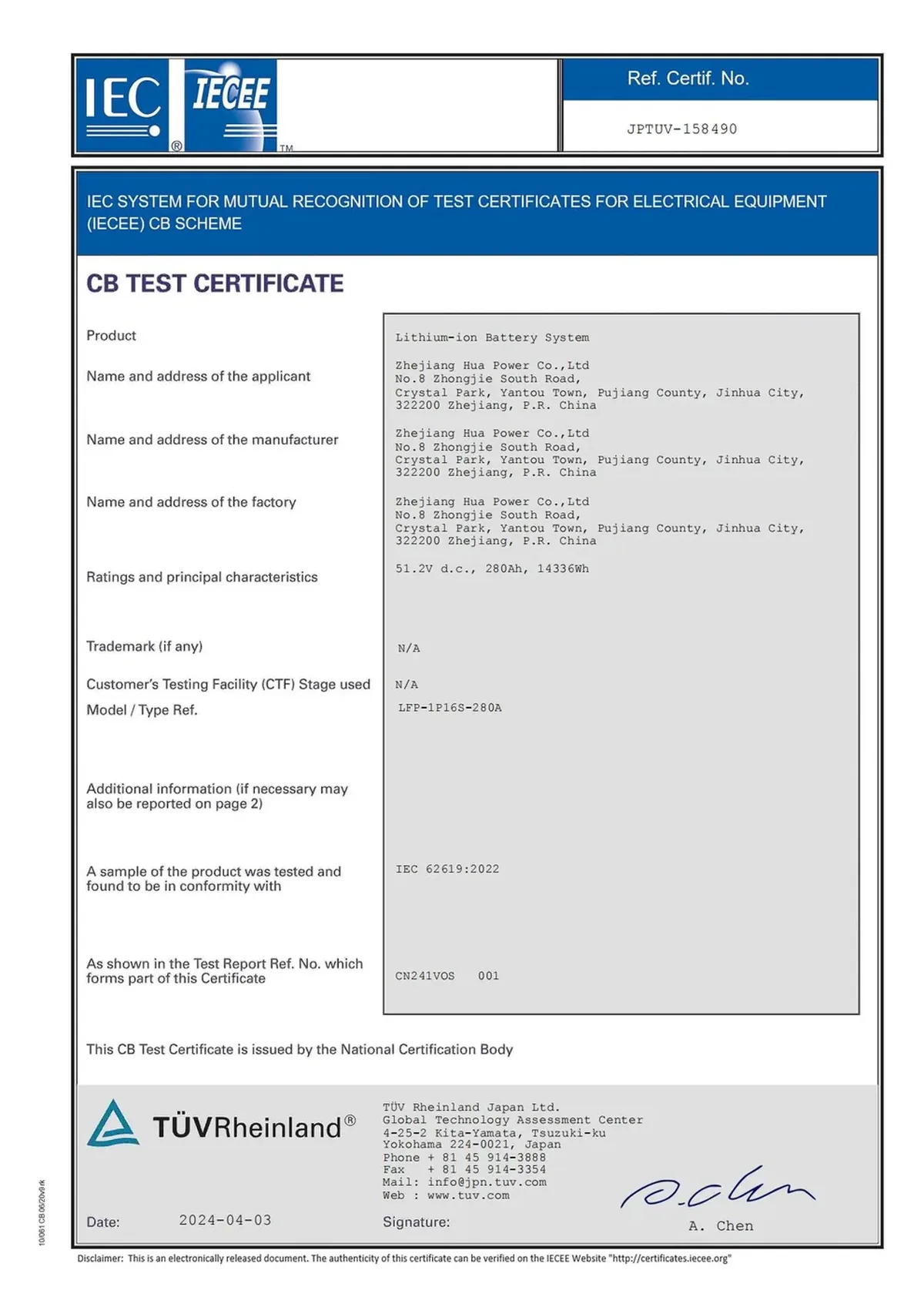 An IEC 62619:2022 CB test certificate for a lithium-ion battery system, showing why certification is model-specific rather than a one-off badge