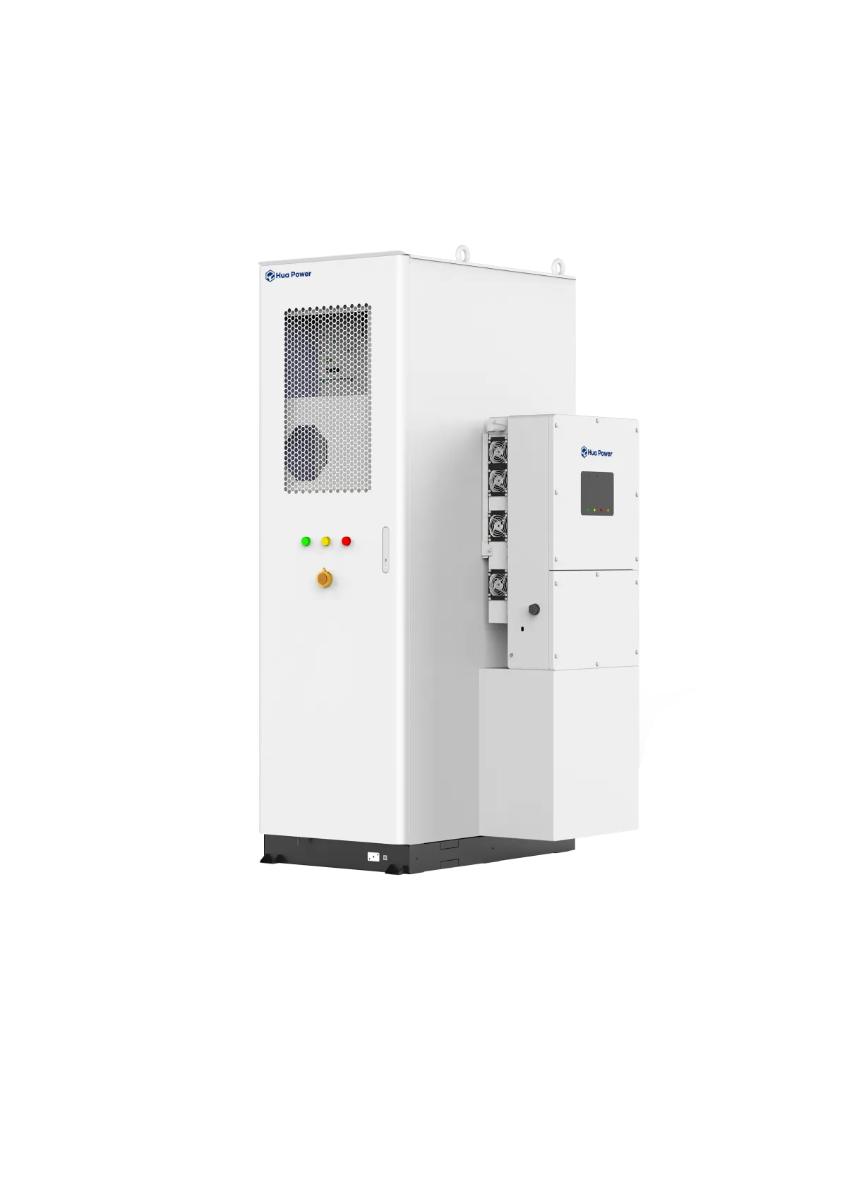 Hua Power PCS and control cabinets with monitoring touchscreen and E-STOP panel, the power conversion hardware at the center of a C&I battery inverter selection