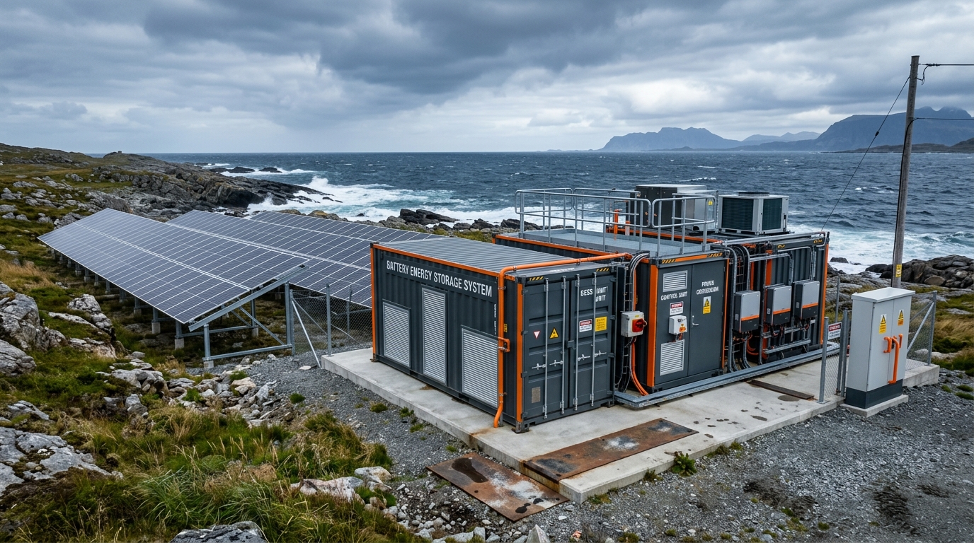 Photorealistic view of a containerized battery energy storage system with solar PV array at a coastal island power site