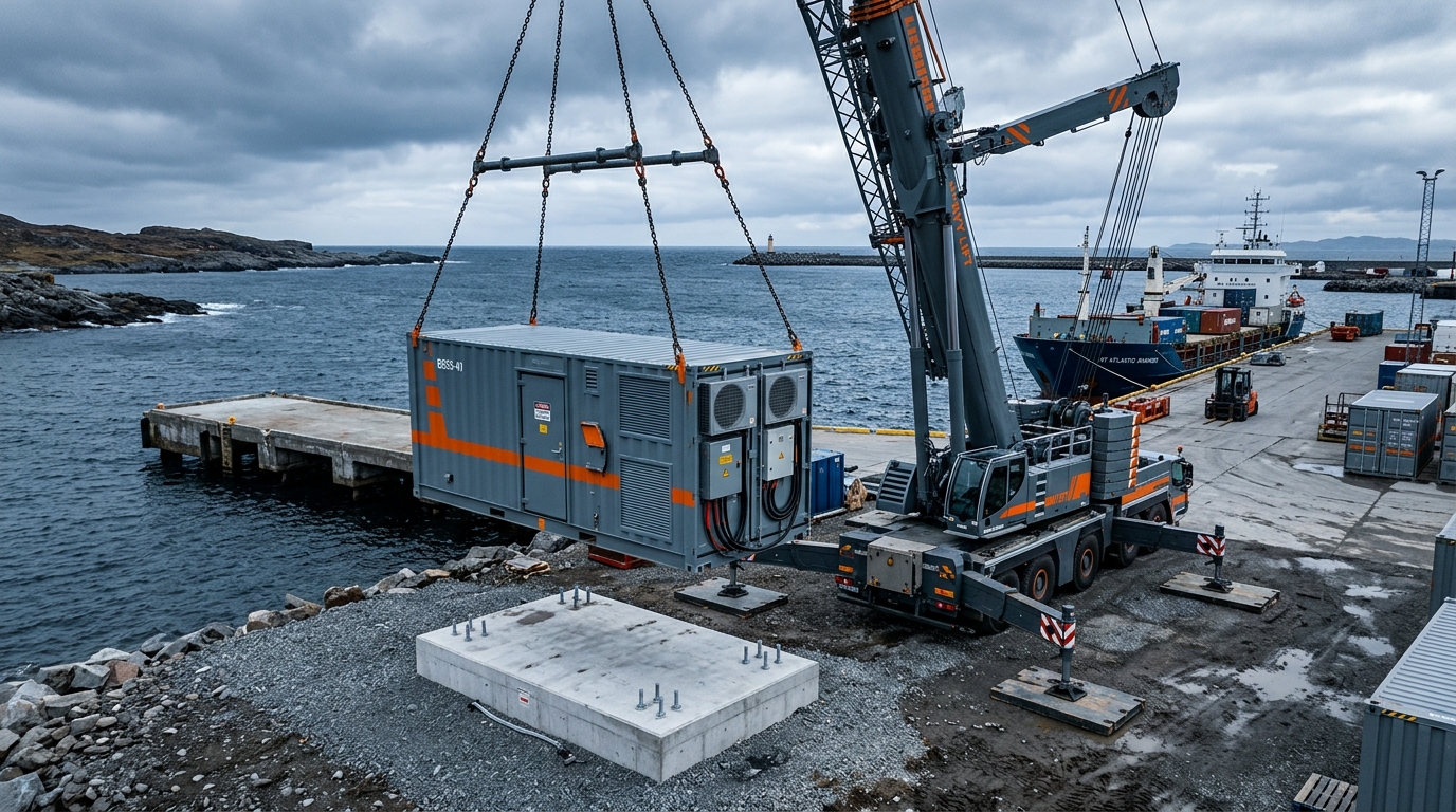 Containerized battery storage being delivered and positioned at a remote coastal installation site