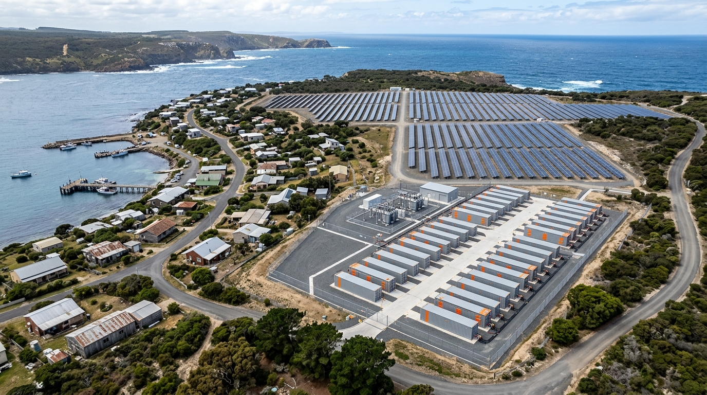 Aerial view of a containerized island energy storage site with battery containers and solar arrays laid out behind a small coastal settlement