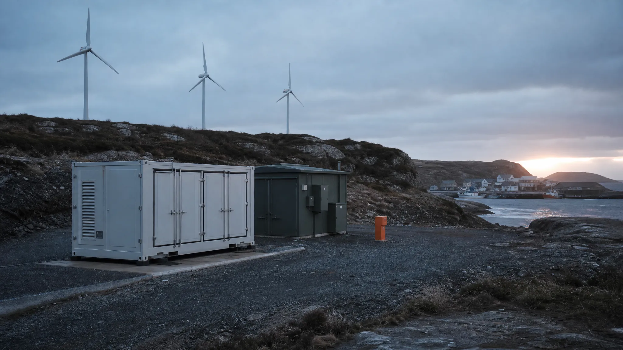 Coastal community microgrid with a battery storage container, small wind turbines and a distribution substation