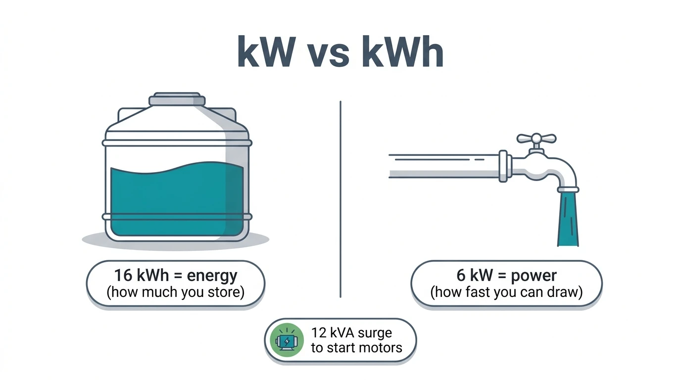 Water tank versus tap metaphor: 16 kWh is stored energy (how much you store), 6 kW is power (how fast you can draw), with a 12 kVA surge to start motors