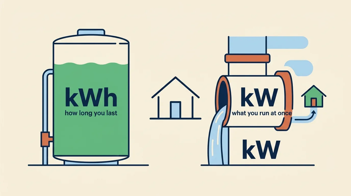 kWh is the size of the tank (how long you last); kW is the width of the pipe (what you can run at once)