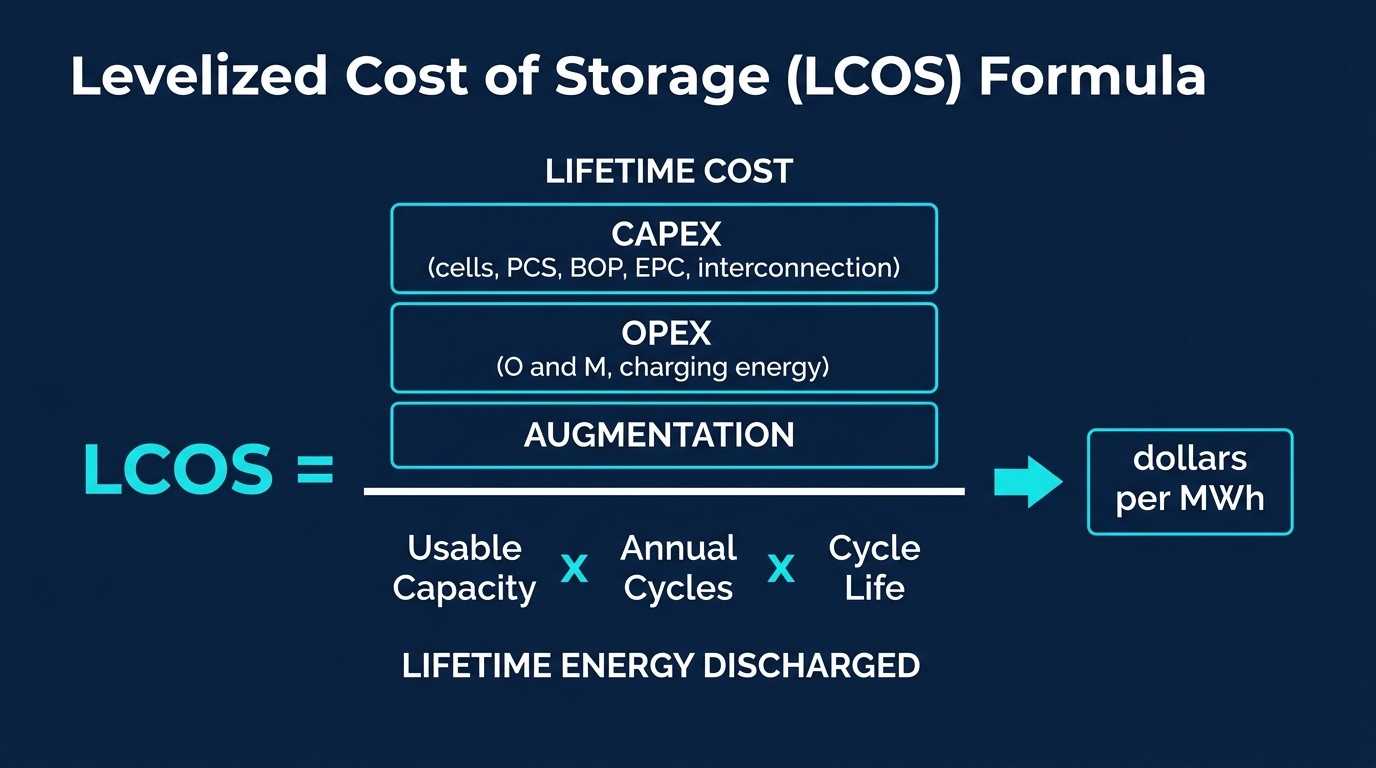 The LCOS formula: lifetime cost (capex, opex, augmentation) divided by lifetime energy discharged (usable capacity × annual cycles × cycle life), equals dollars per MWh