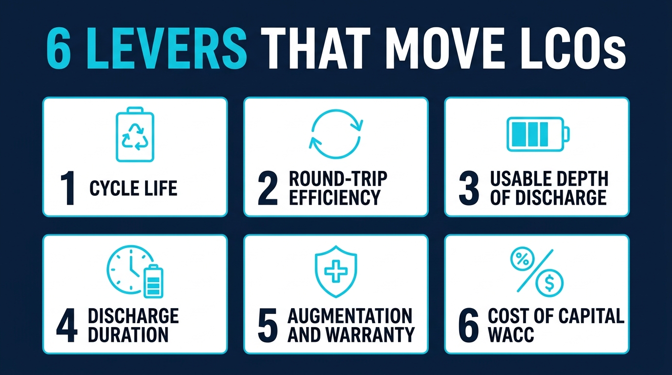 Six levers that move LCOS: cycle life, round-trip efficiency, usable depth of discharge, discharge duration, augmentation and warranty, and cost of capital (WACC)