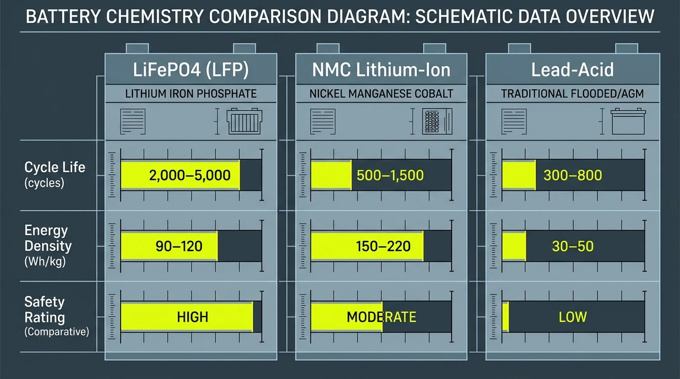 LiFePO4 vs NMC vs Lead-Acid chemistry comparison: cycle life, energy density, safety, and cost specifications chart