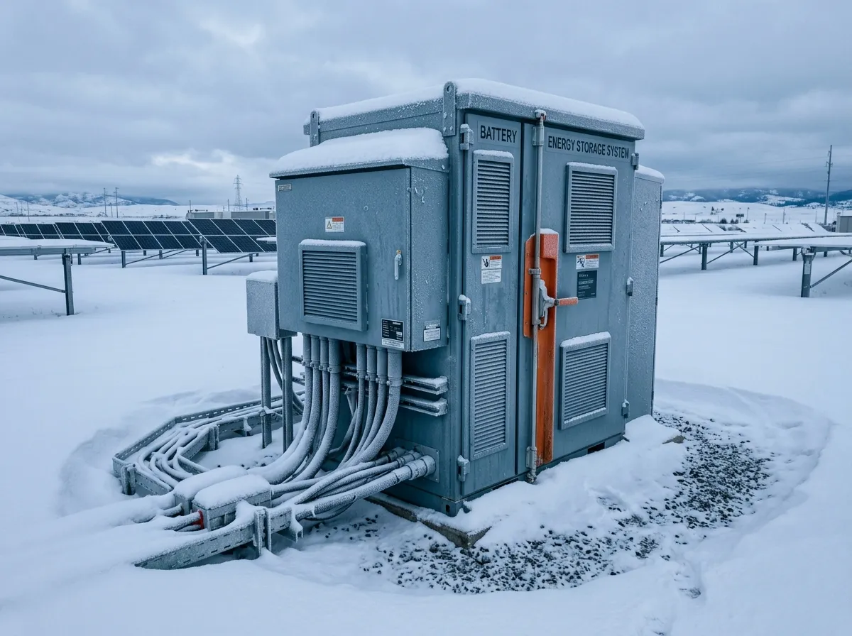 A battery energy storage cabinet surrounded by snow in a winter installation, illustrating cold-climate operating conditions
