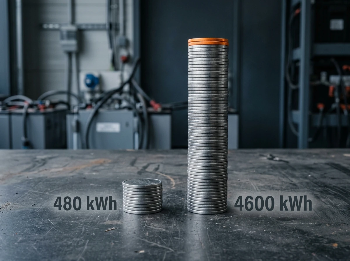 Two energy-token stacks comparing lifetime delivered energy: a short 480 kWh stack for lead-acid versus a tall 4,600 kWh stack for LiFePO4