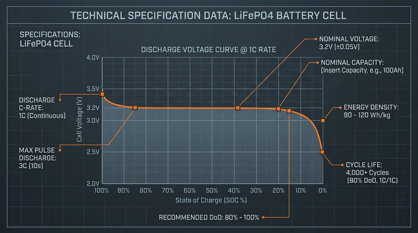 LiFePO4 battery specifications visualization: 3.2V discharge curve, C-rate, DoD range, cycle life count, and energy density metrics in technical engineering schematic