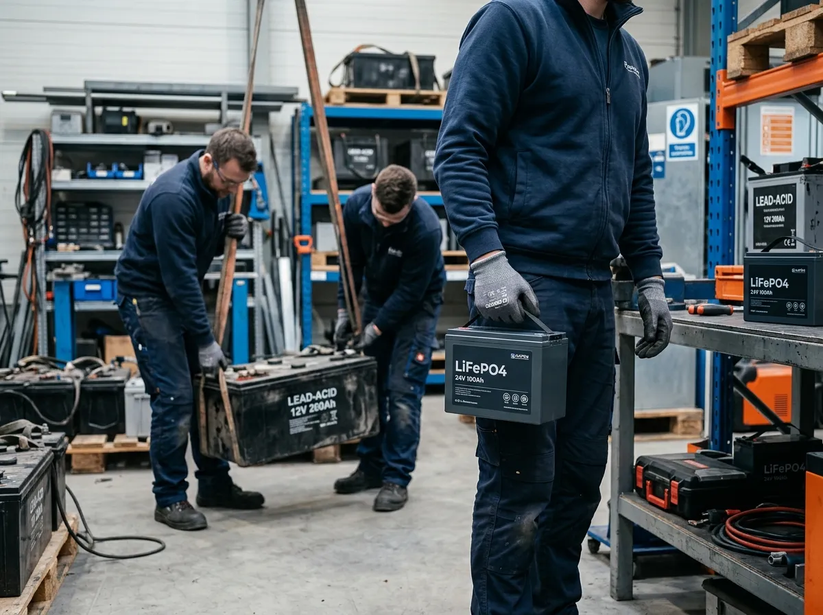 A technician lifting a compact LiFePO4 battery with one hand while two workers carry a lead-acid battery of equivalent usable capacity