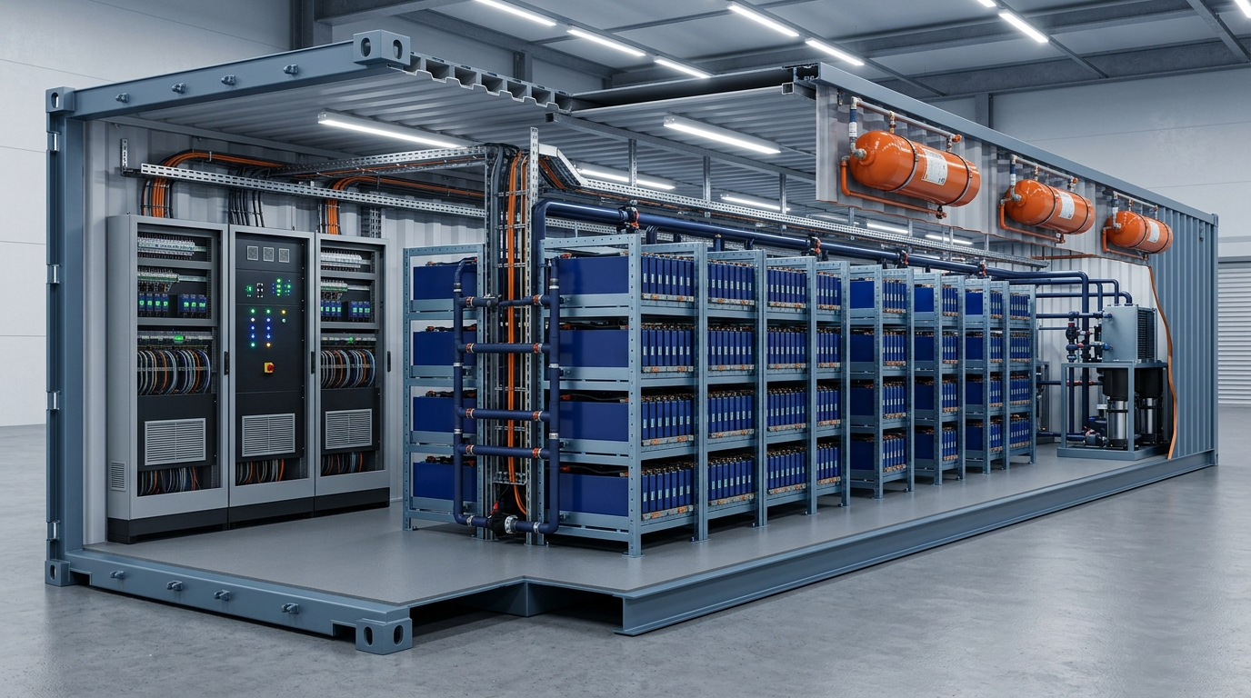 Interior of a liquid-cooled battery storage container showing LFP cell racks, cooling pipes, and BMS control cabinets