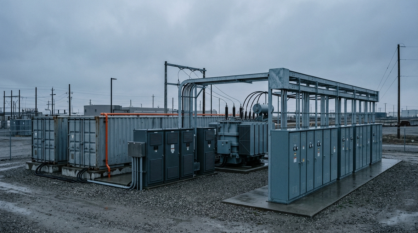 Containerized battery storage and power conversion equipment at a microgrid site where a black start sequence begins