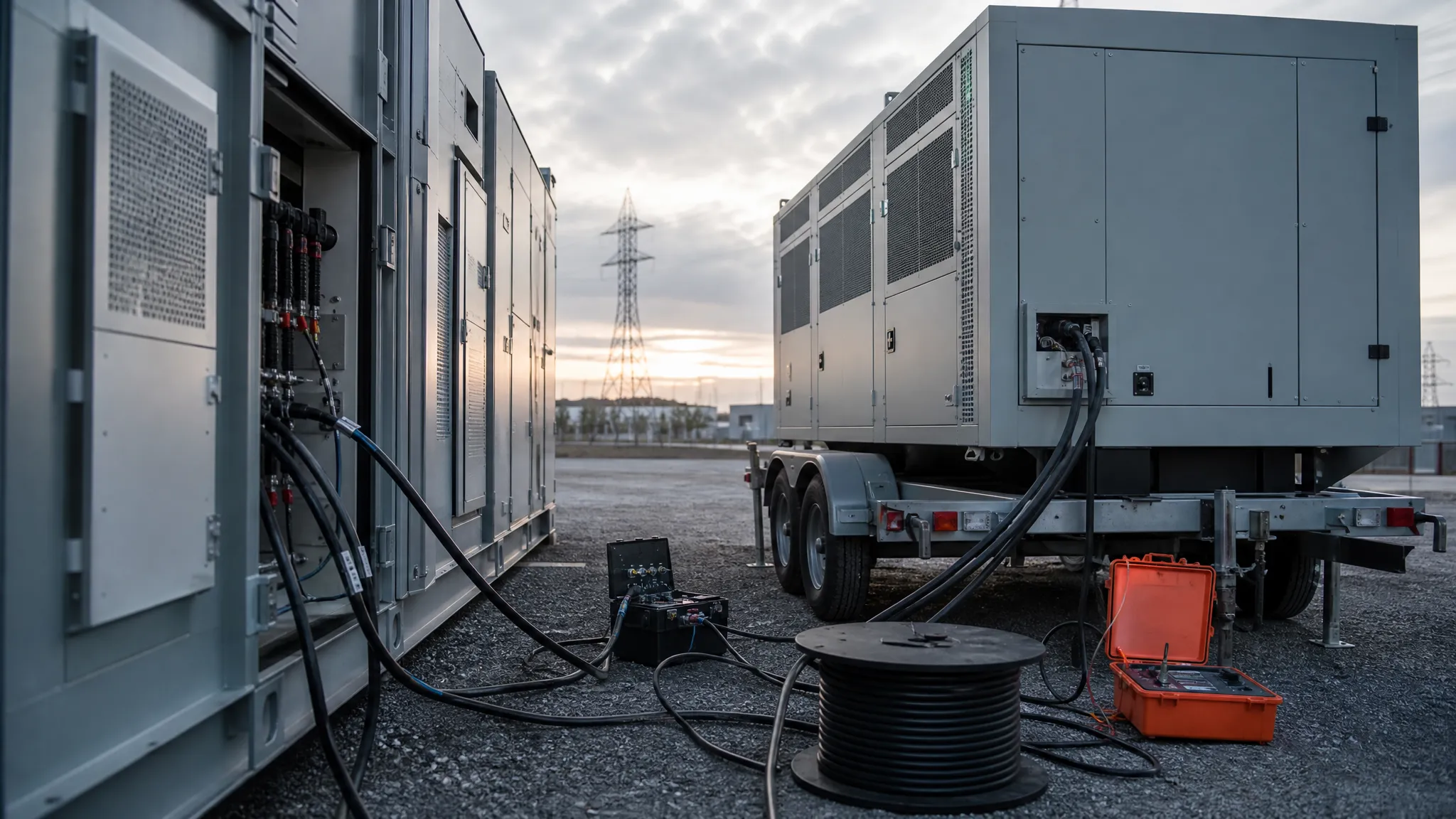 Portable resistive load bank connected by heavy cables to a battery storage container during commissioning tests