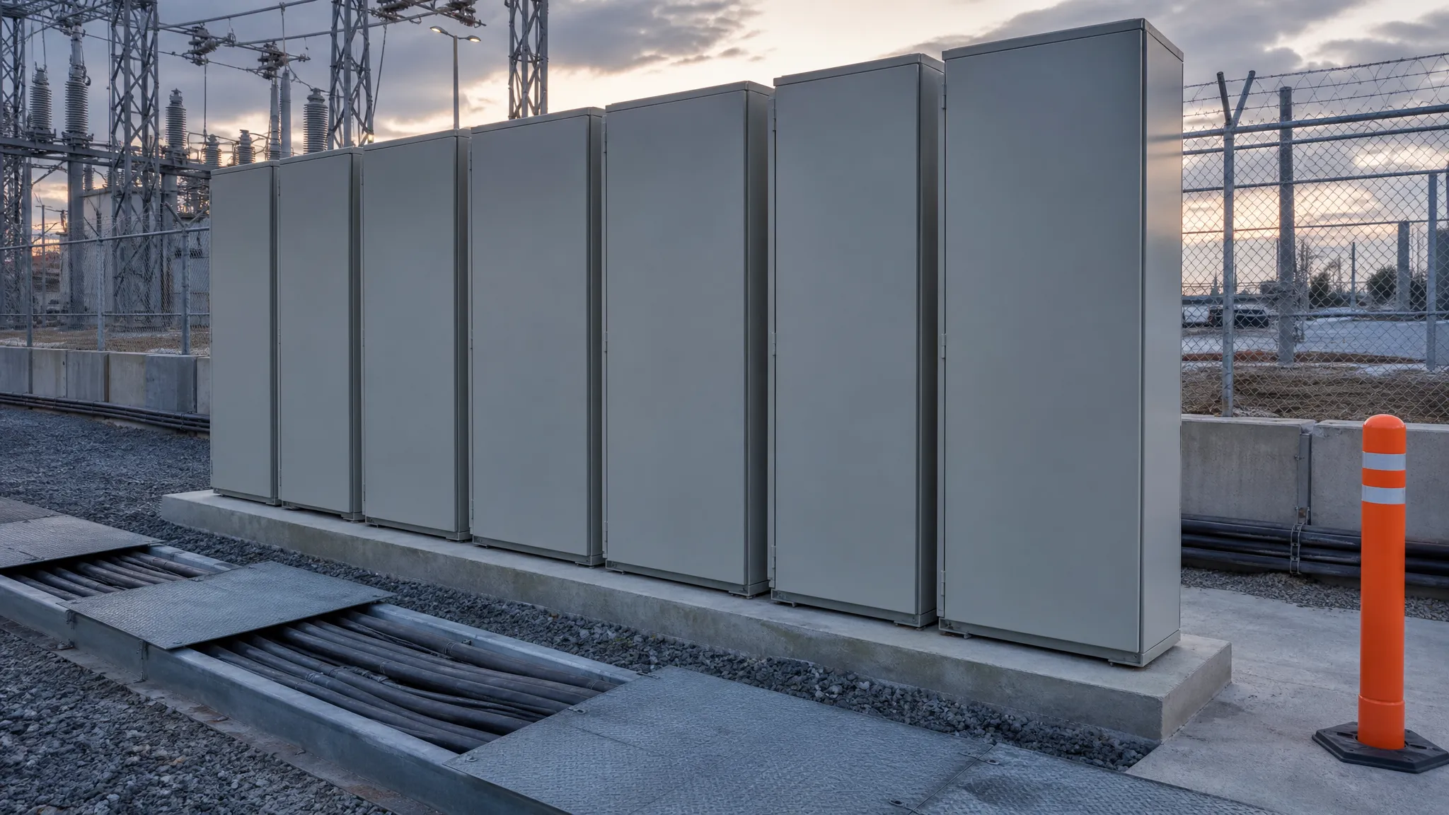Medium-voltage switchgear and protection cabinets at an outdoor microgrid grid-interconnection point on a concrete pad
