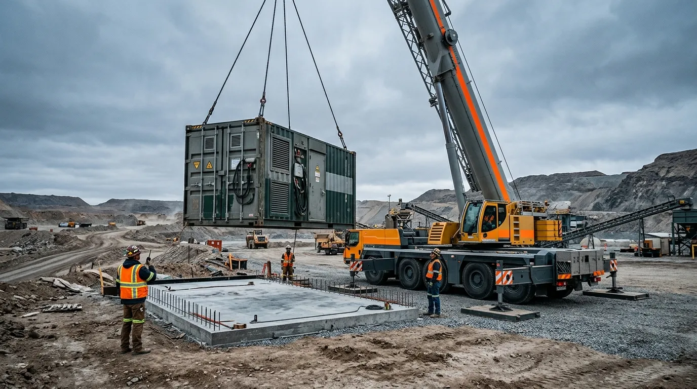 Photorealistic image of a battery energy storage container being installed on a concrete pad at a mining site, with a crane and technicians in high-visibility vests
