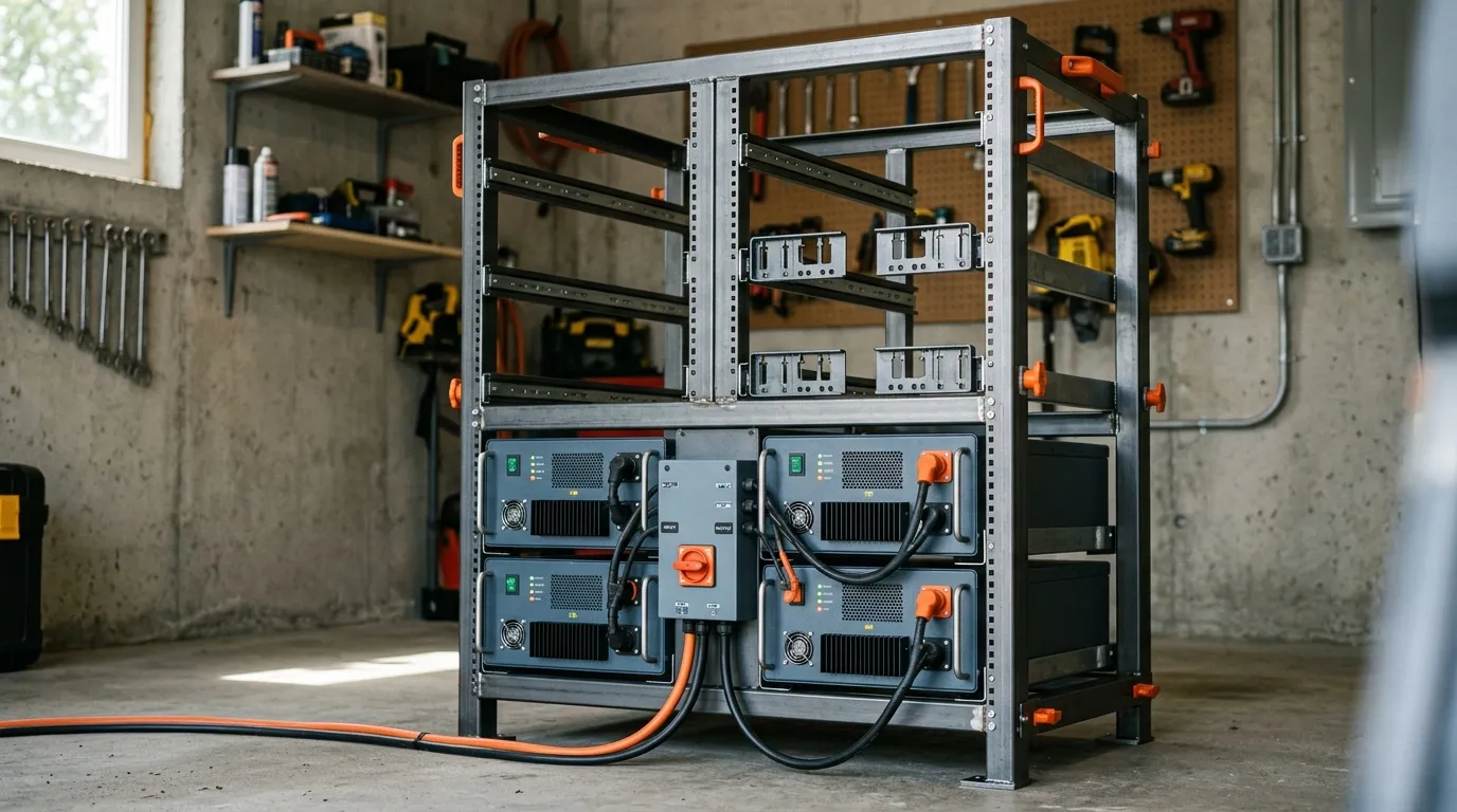 Modular high-voltage home battery rack with four installed LiFePO4 modules and empty stacking slots for future expansion