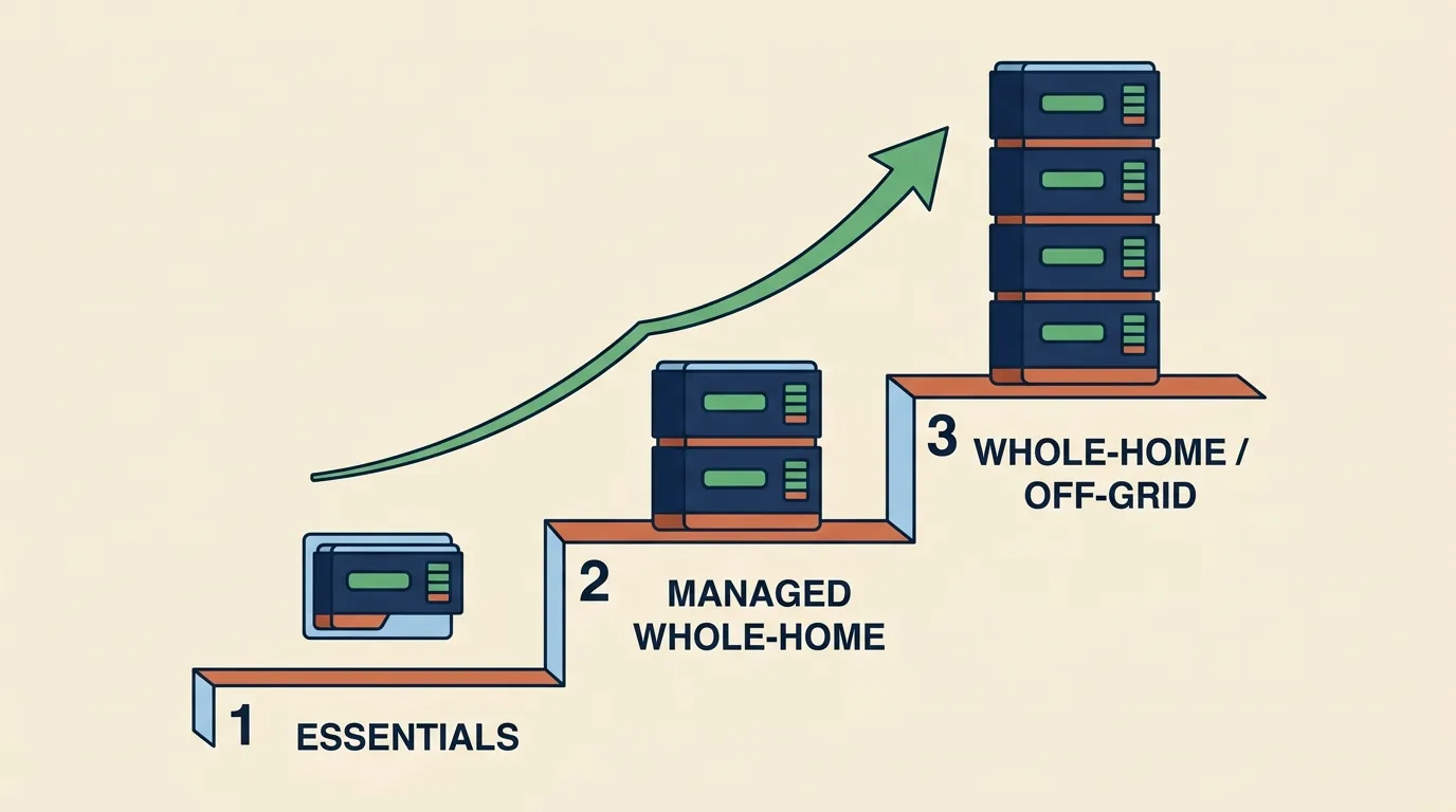 Three-step battery expansion: a single wall unit for essentials, two modules for managed whole-home, then a full stacked tower for whole-home or off-grid