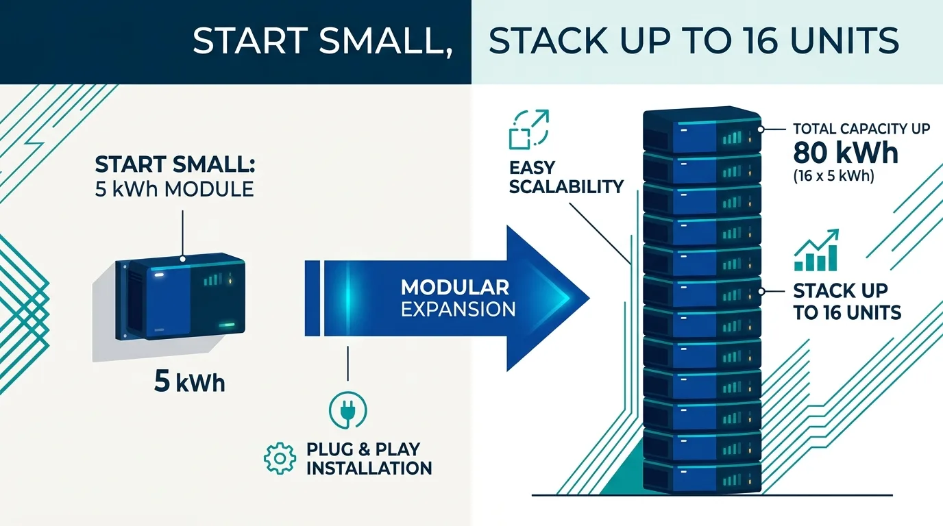 Modular wall-mounted battery stack growing from one 5 kWh module to several stacked units