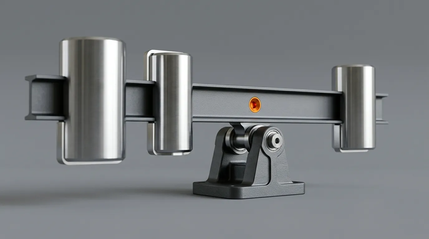 Three polished steel masses of different sizes balanced on one pivoted beam, illustrating OEM terms trade-offs