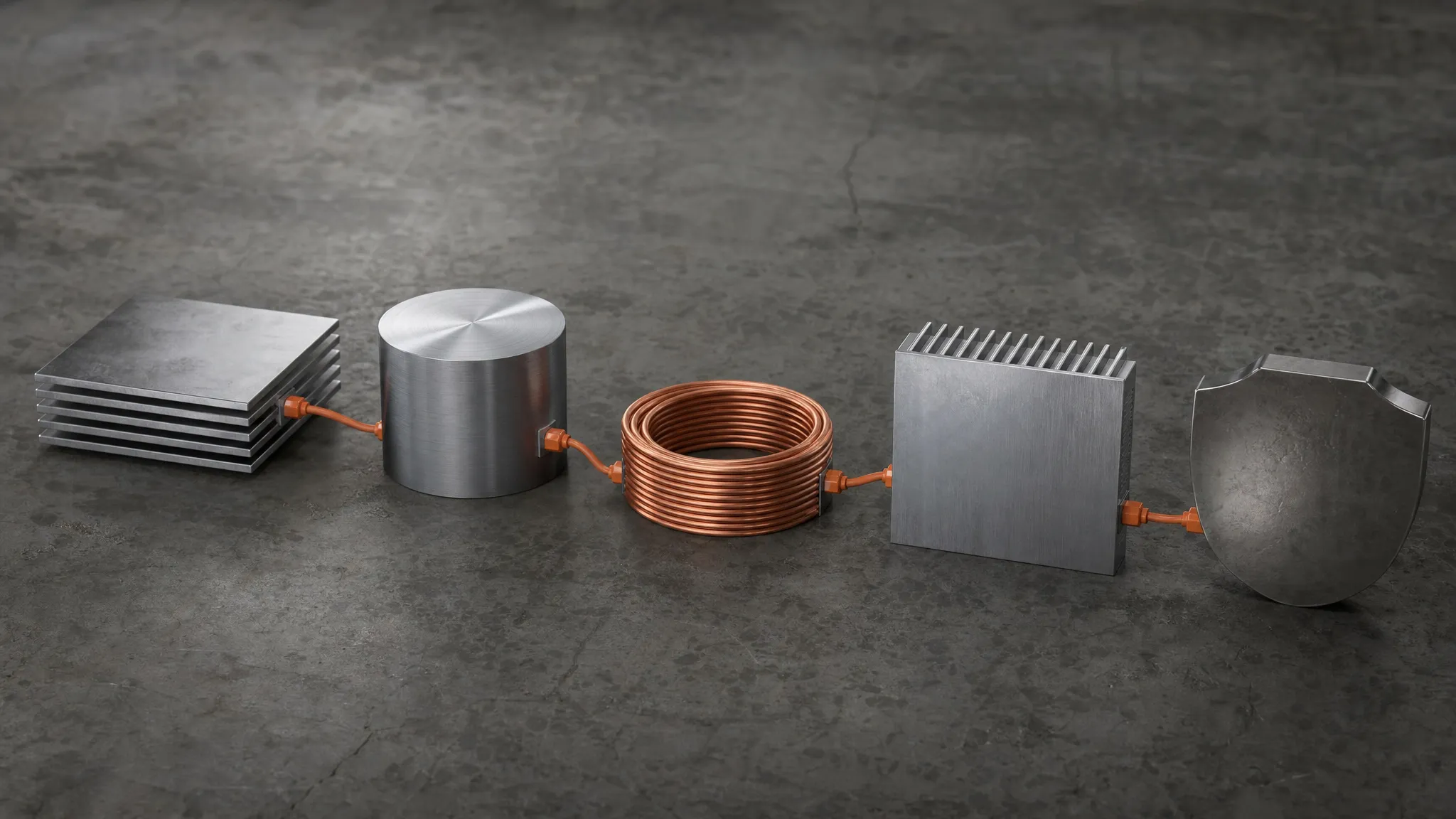 Five machined metal parts linked by orange cables, standing for the five pairing checks in sequence