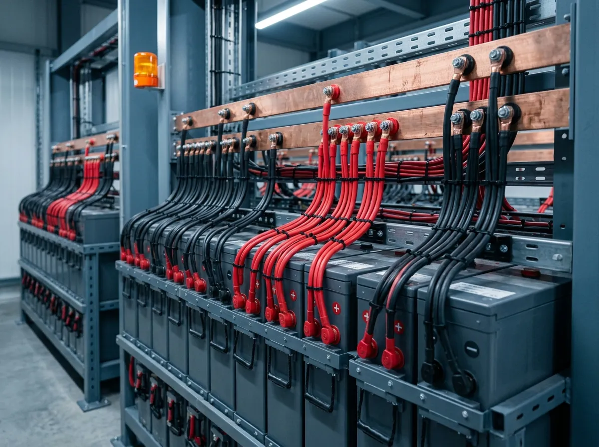 A parallel battery bank where positive and negative cables land on common busbars so each battery shares current evenly