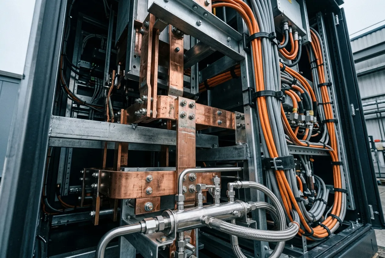 Power conversion cabinet with copper busbars, cable runs and a liquid-cooling manifold, the envelope a committed position consumes
