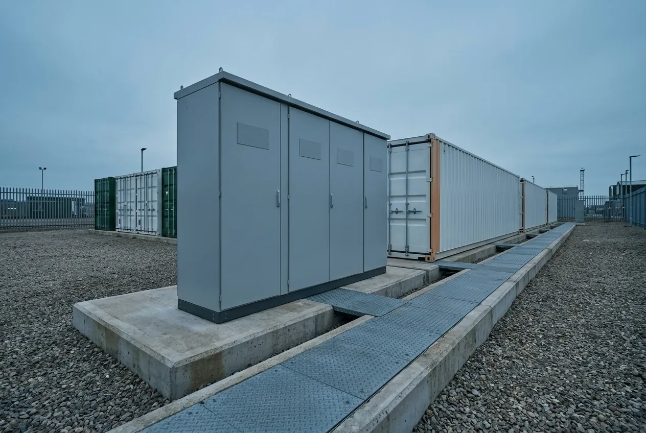 Outdoor power conversion cabinets beside battery containers, the switchgear a prequalification test actually measures
