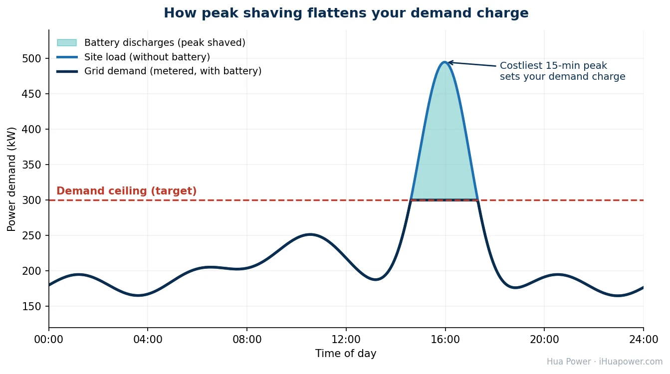 Demand curve showing how a battery shaves the peak below a threshold