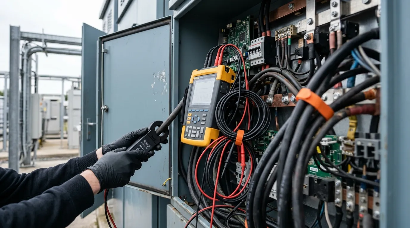 Power quality analyser with clamp probes connected at a low-voltage panel during a response test
