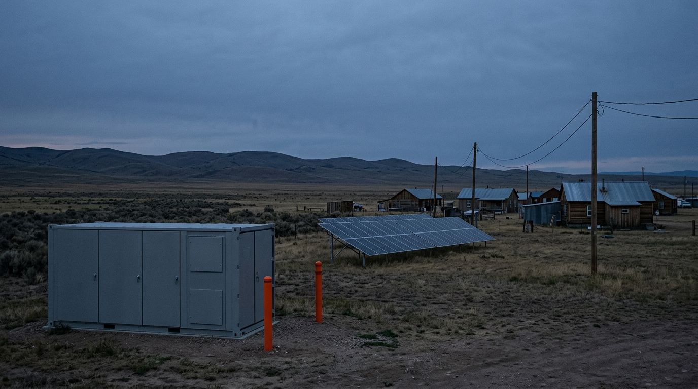 Battery microgrid serving a remote community where the local grid can be restarted from stored energy