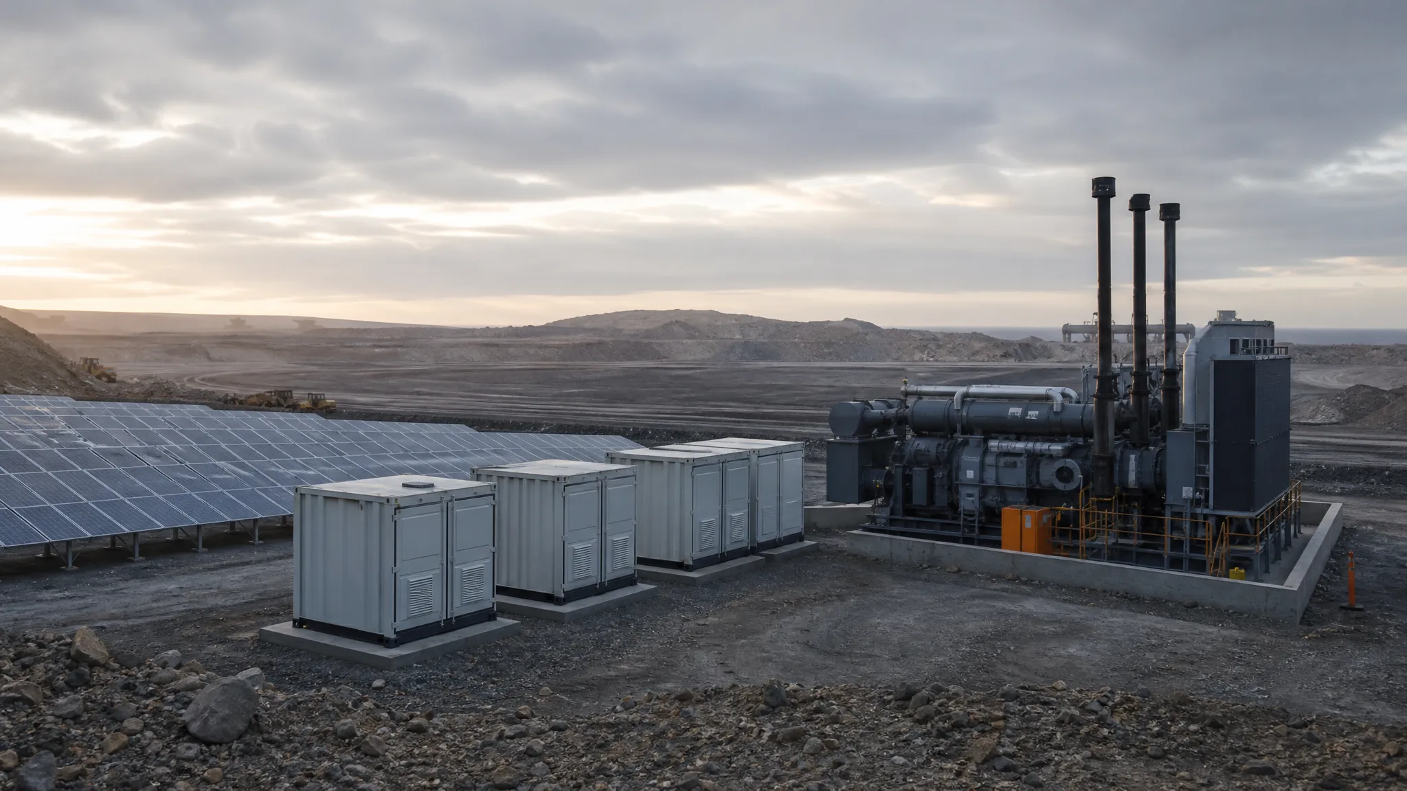 Remote mine site with a ground-mounted solar array, battery storage containers and a diesel generation station
