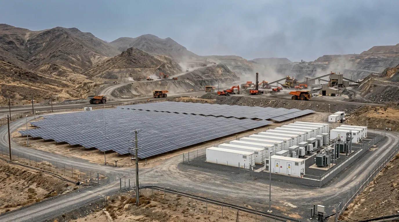 Photorealistic view of a large solar PV array and battery storage containers installed at a remote mining site in arid terrain