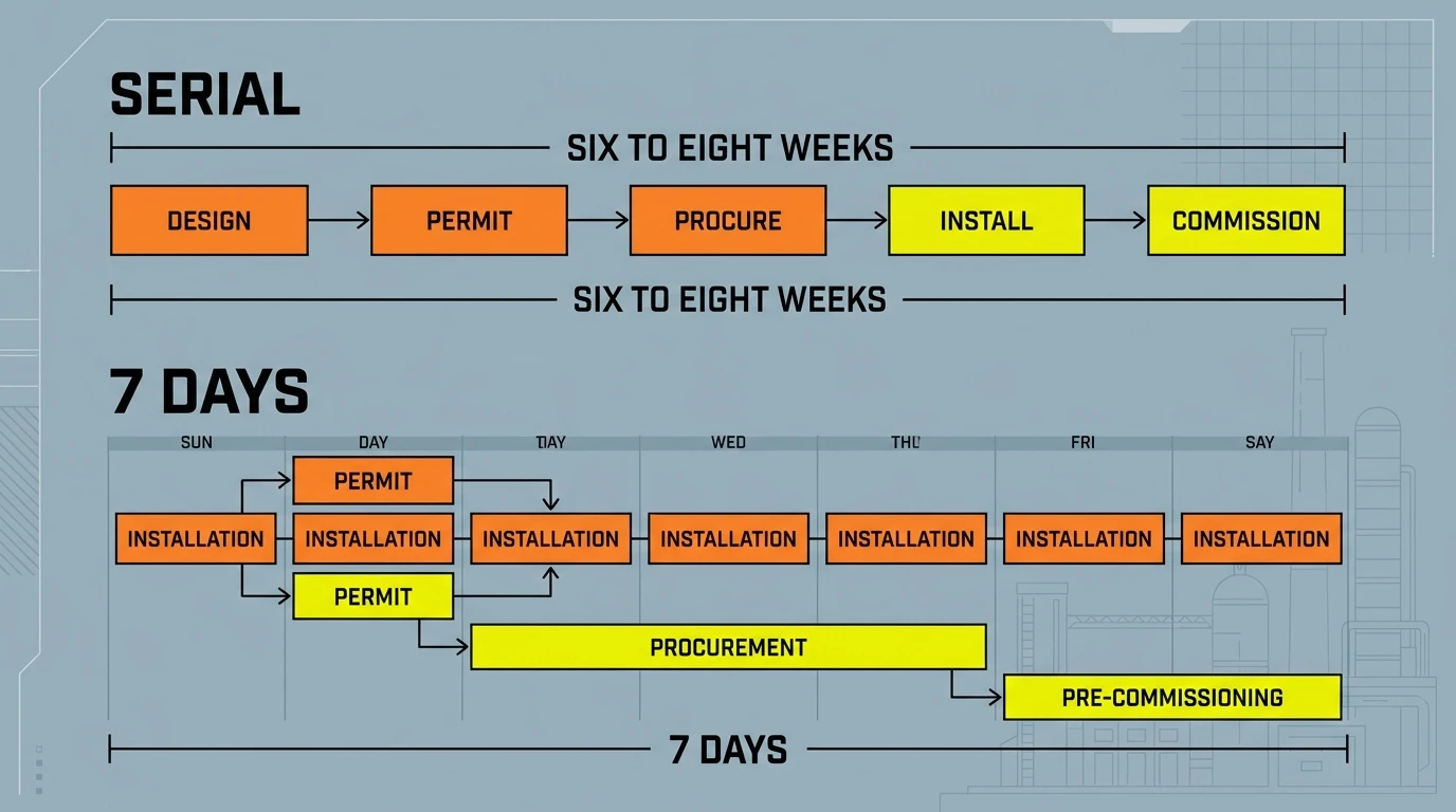 Comparison of a serial six-to-eight week solar retrofit schedule versus a parallel seven-day fast solar storage retrofit schedule