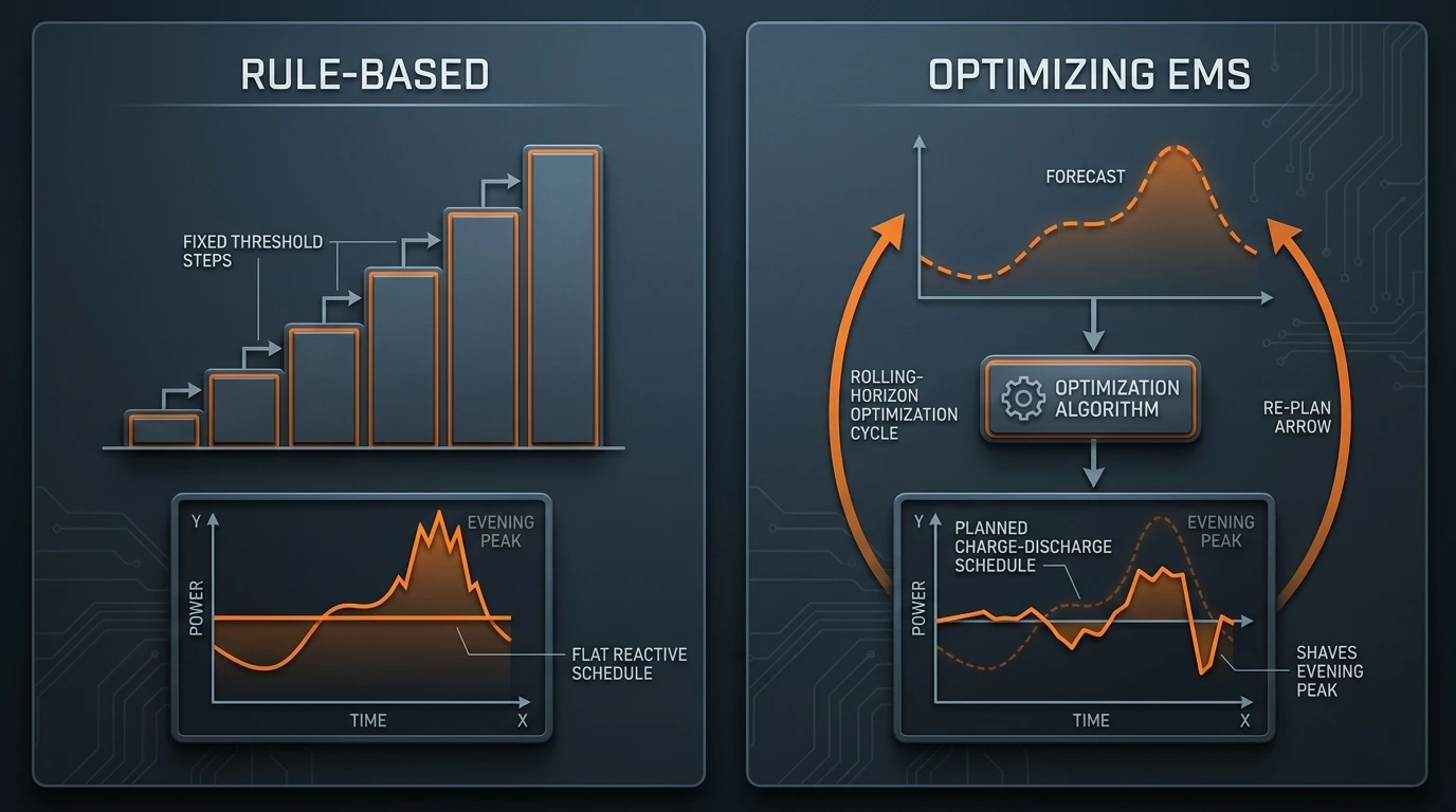 Side-by-side comparison of rule-based dispatch thresholds versus rolling-horizon optimization with forecast and re-planning loops